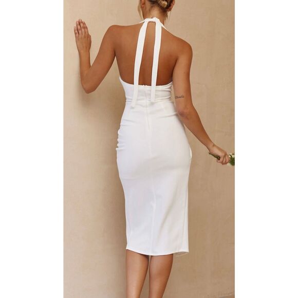 NWT Selfie Leslie Halterneck Gathered Pleat Side Knee Length Dress White - Picture 2 of 9